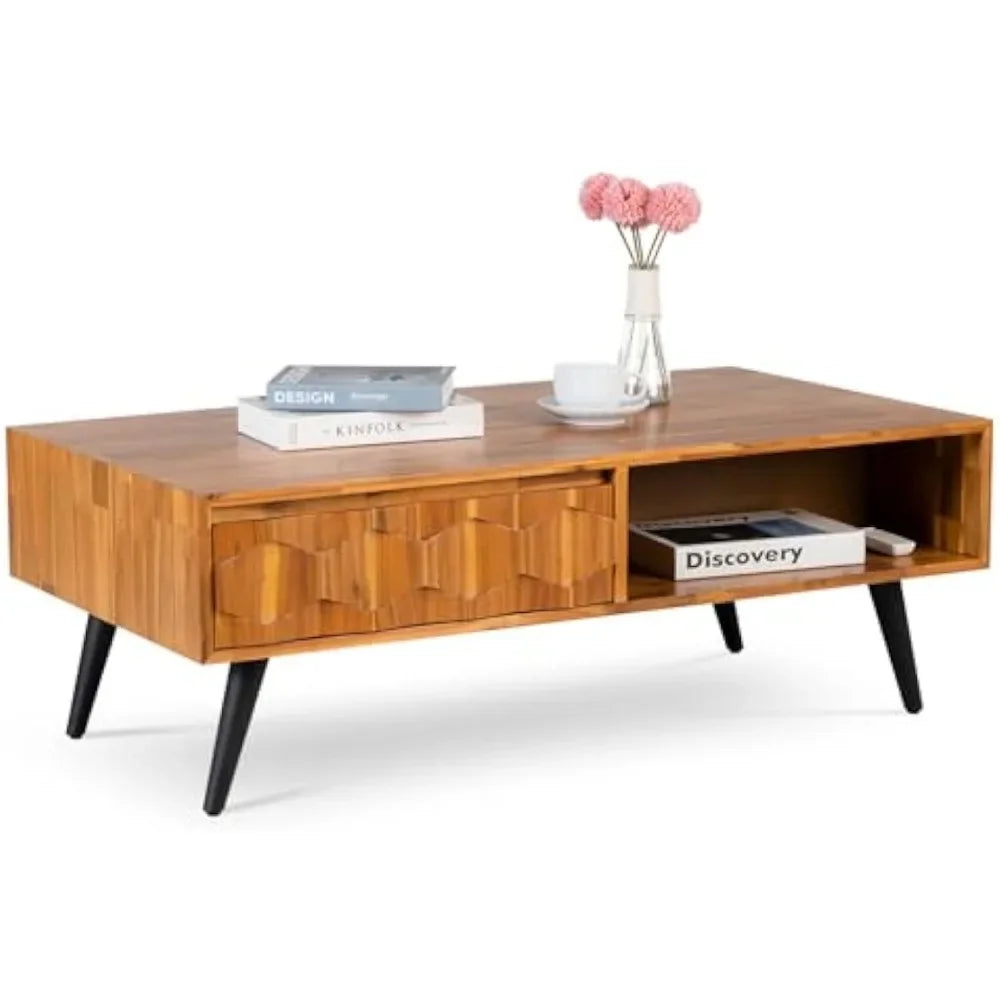 Georgina Solid Wood Coffee Table for Living Room, Mid Century Modern with 2 Symmetrical Storage Drawers
